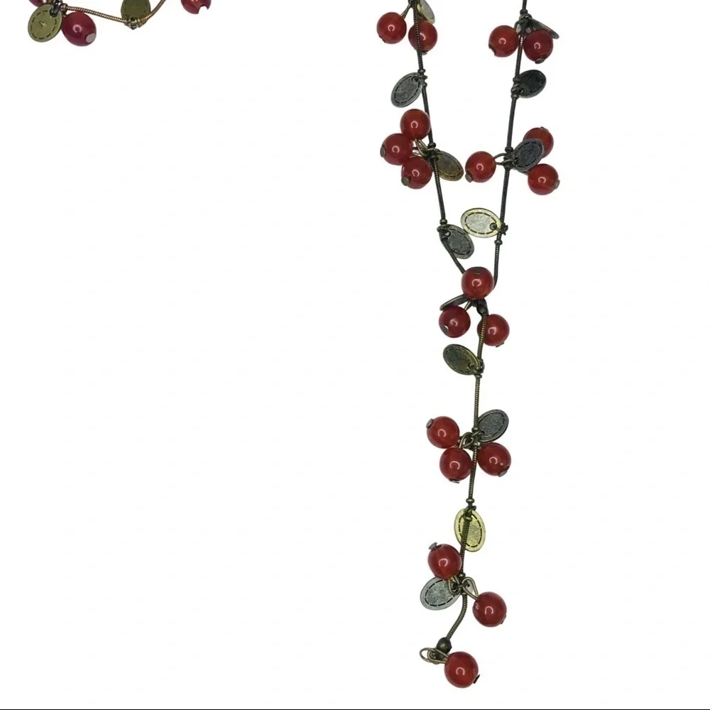 Cherries Jewelry Set Beaded Long Necklace Earrings Bracelet Matching 3 Piece Set